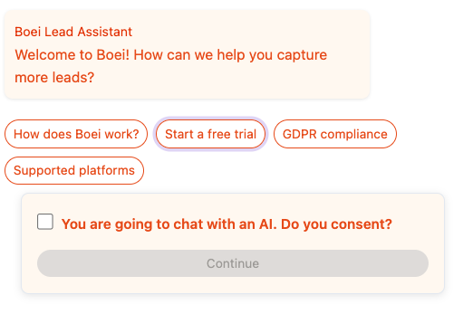 Pre-chat consent form shown to visitors