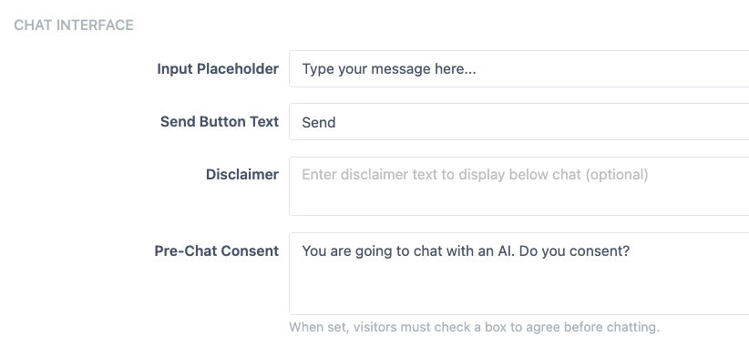 Pre-chat consent field in chatbot settings