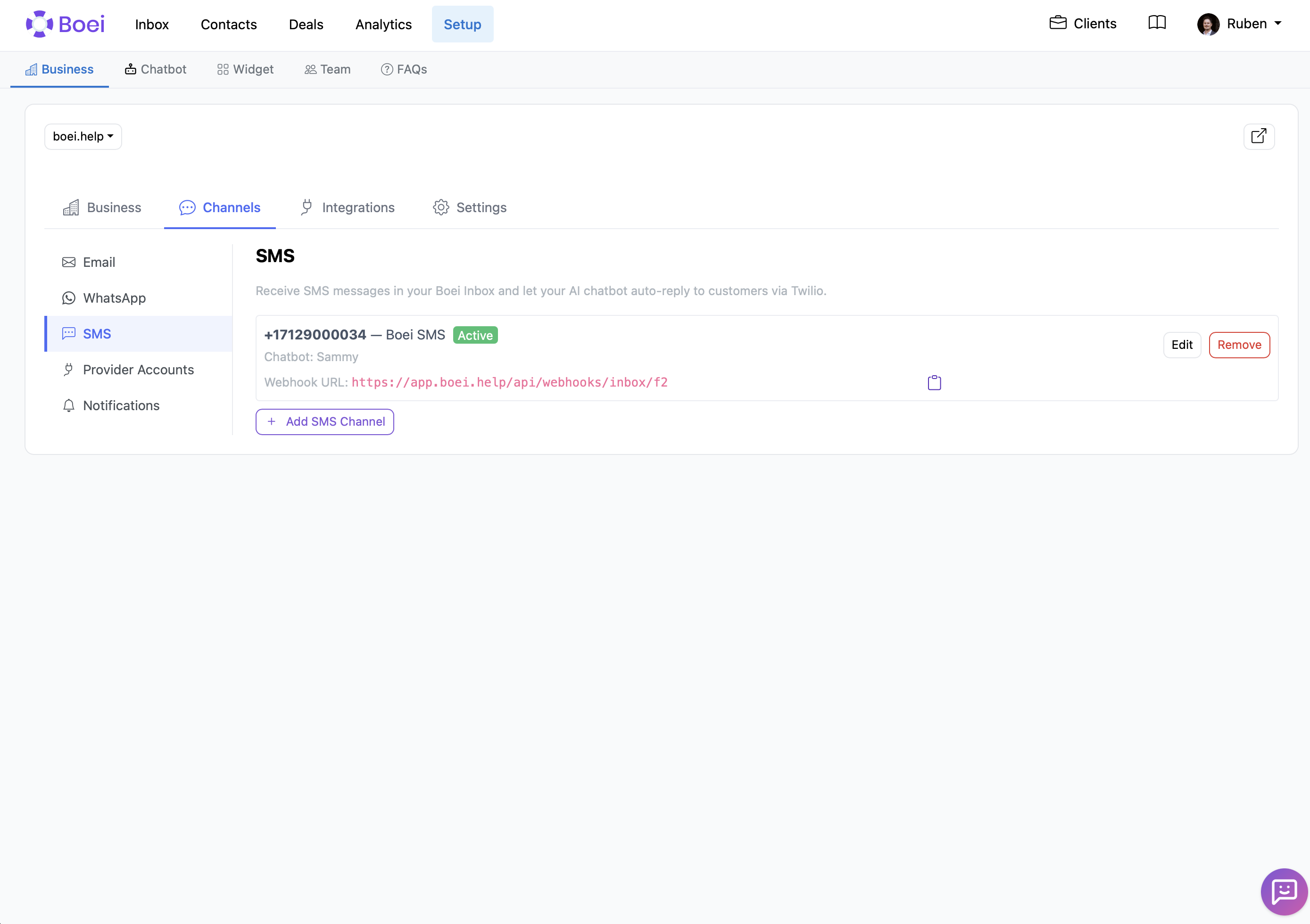 Boei SMS channel with webhook URL