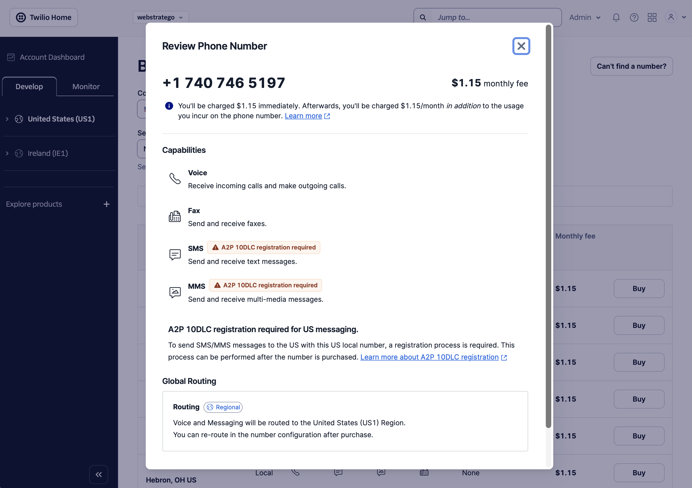 Twilio local number warning