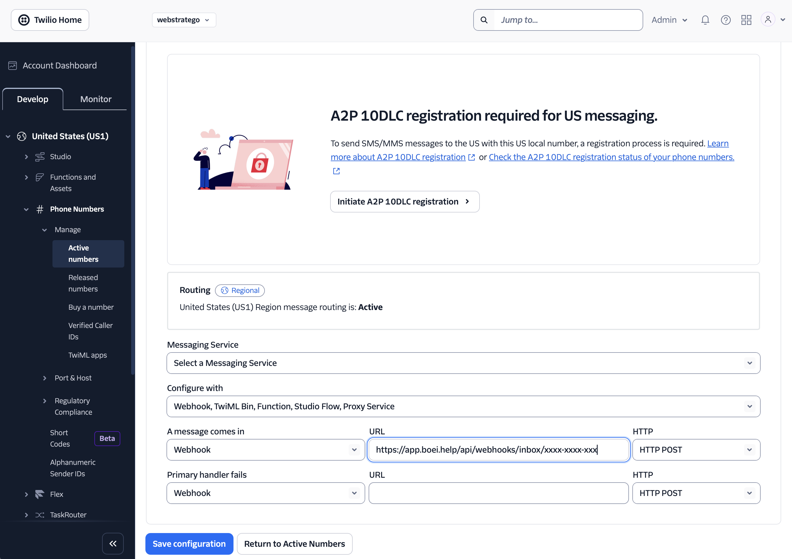 Twilio SMS webhook configuration