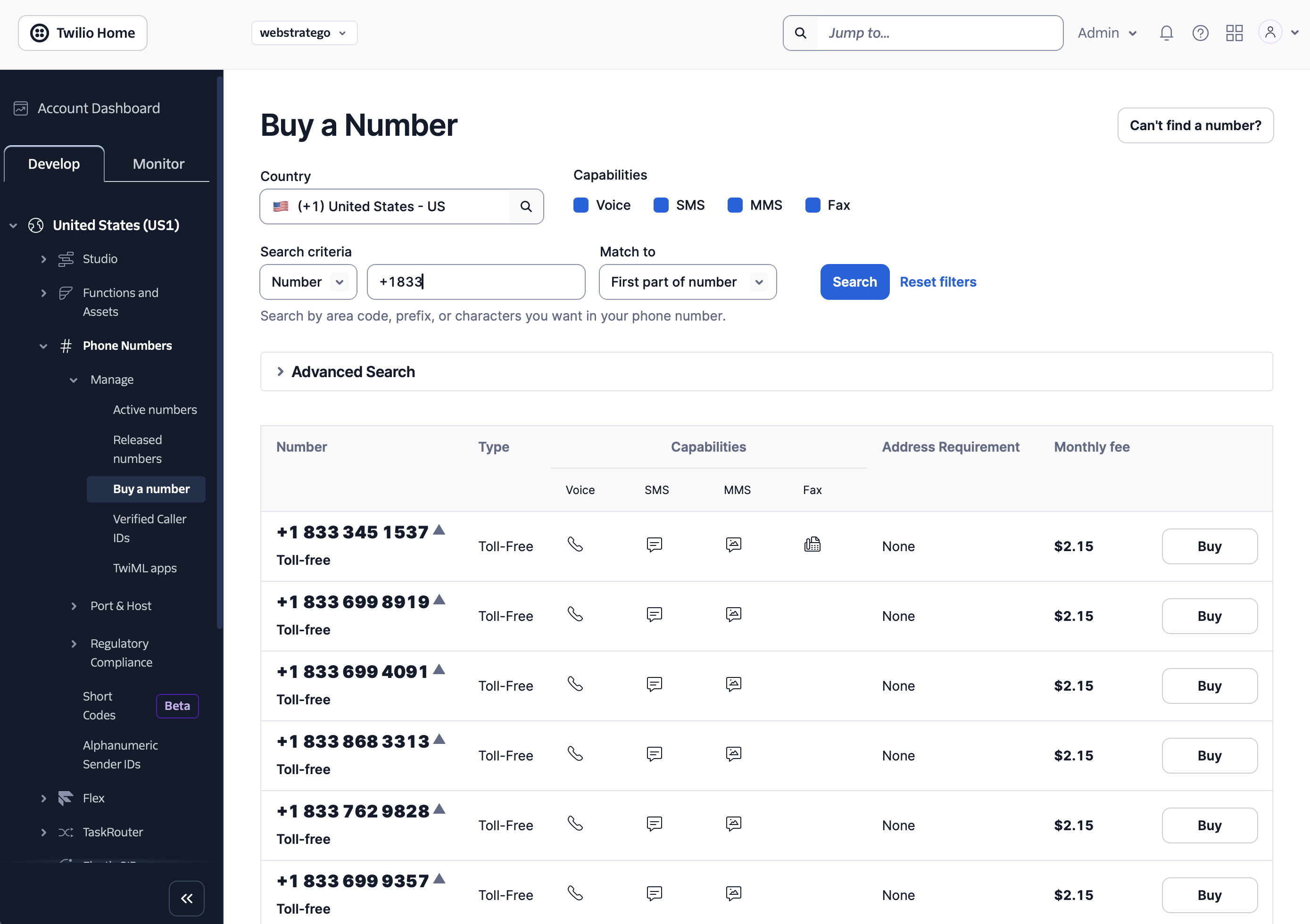 Twilio buy toll-free number