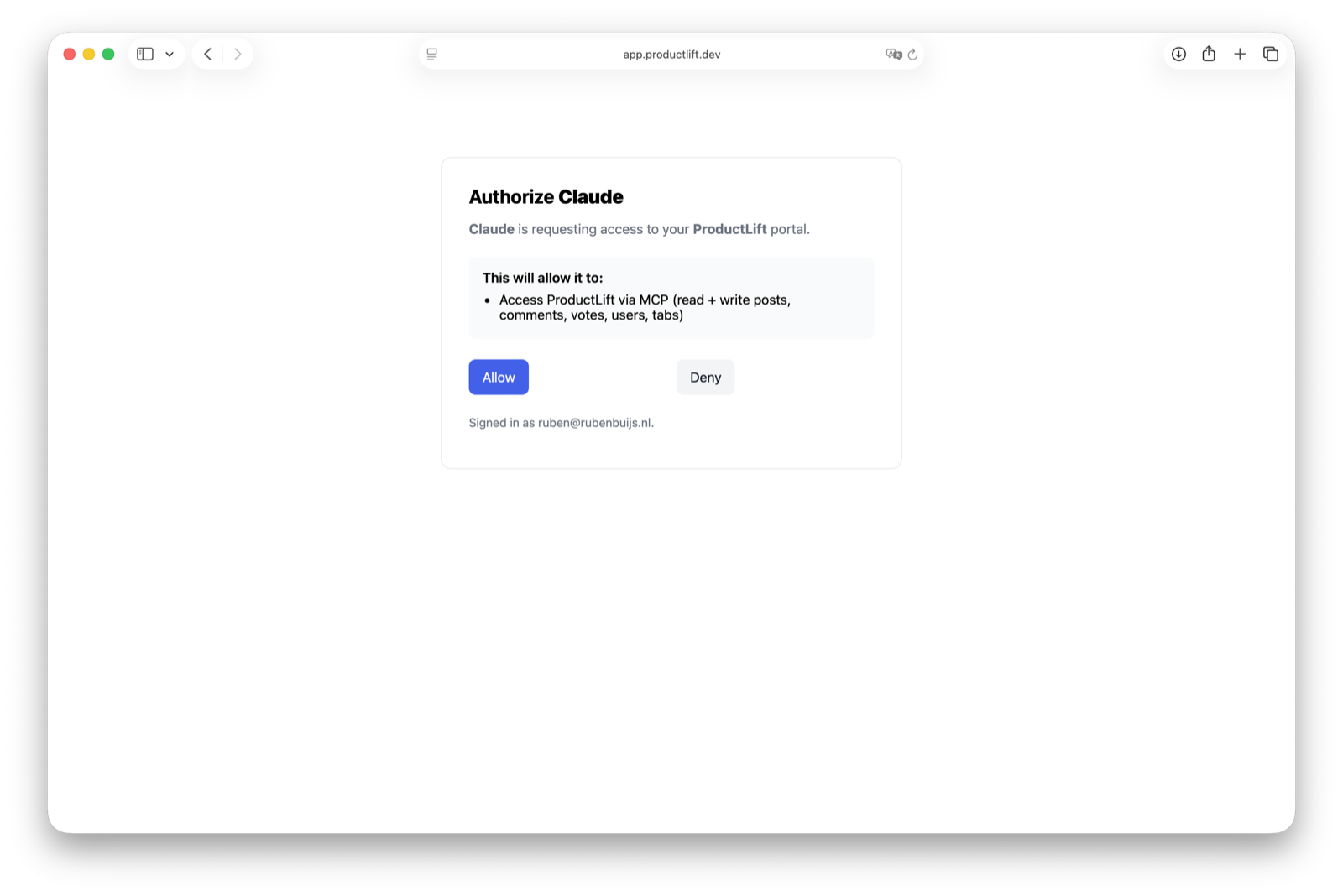 ProductLift OAuth authorize screen requesting the mcp scope