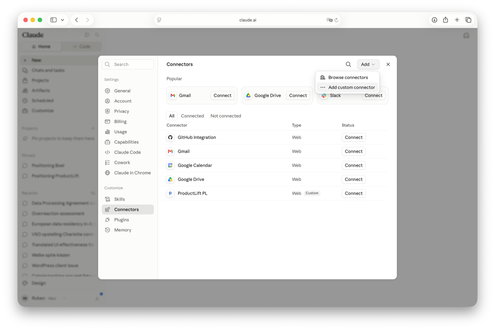 Add custom connector dialog in Claude.ai