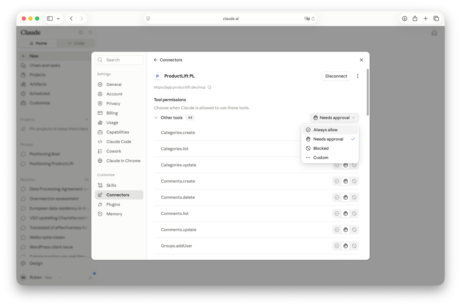 Claude.ai tool permissions for the ProductLift connector