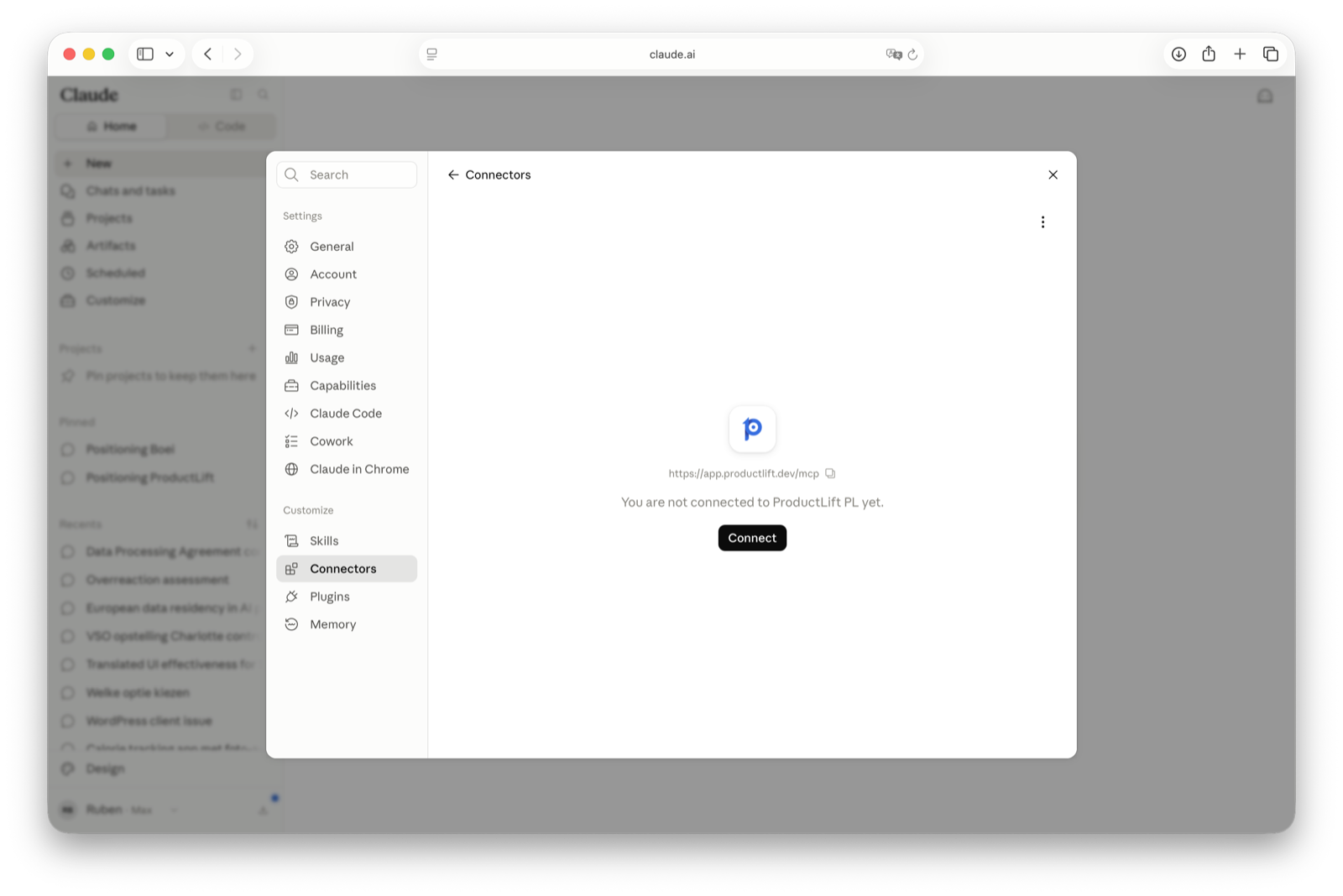 Claude.ai connector detail with Connect button