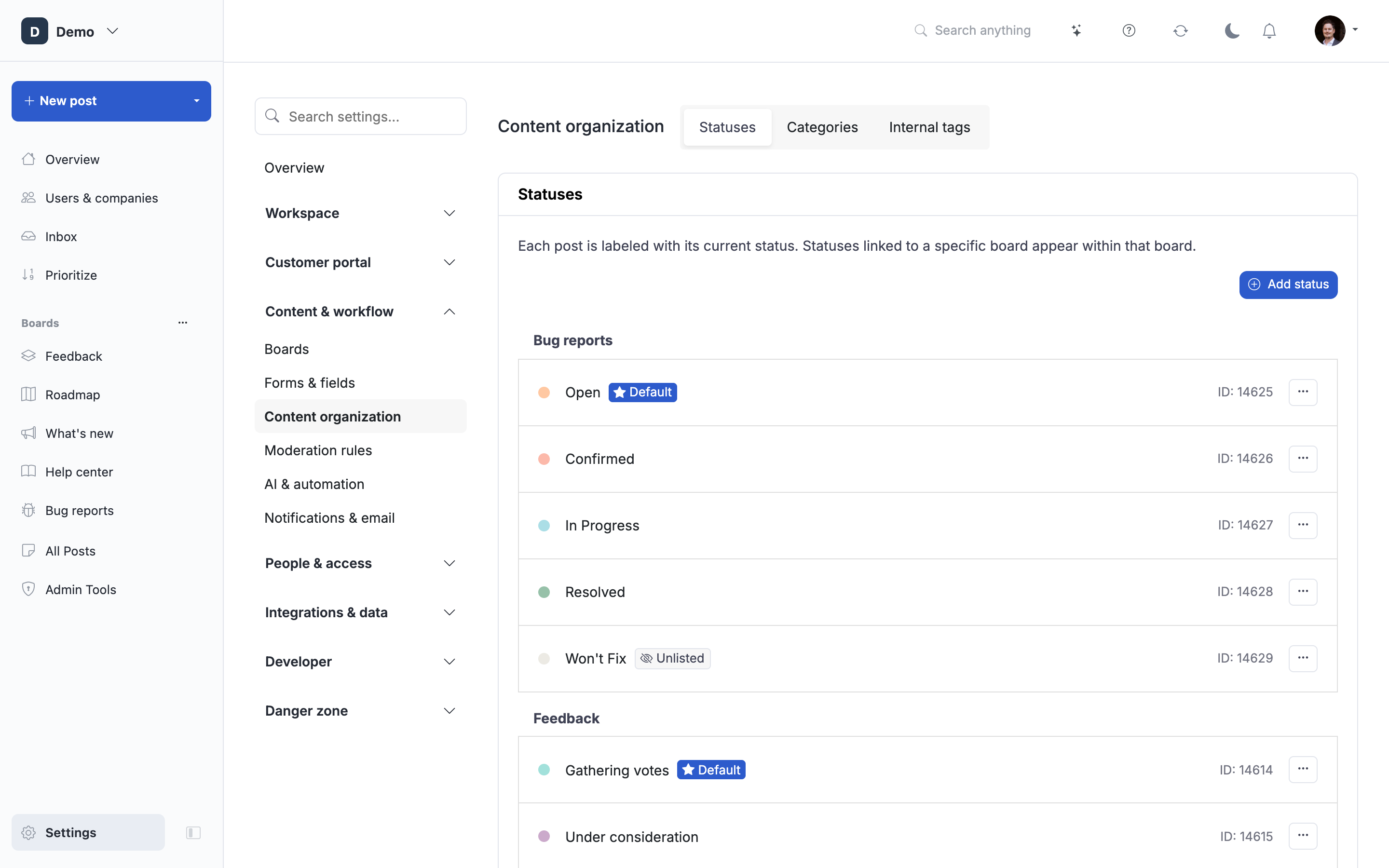 Statuses, categories and tags: how posts are organised.