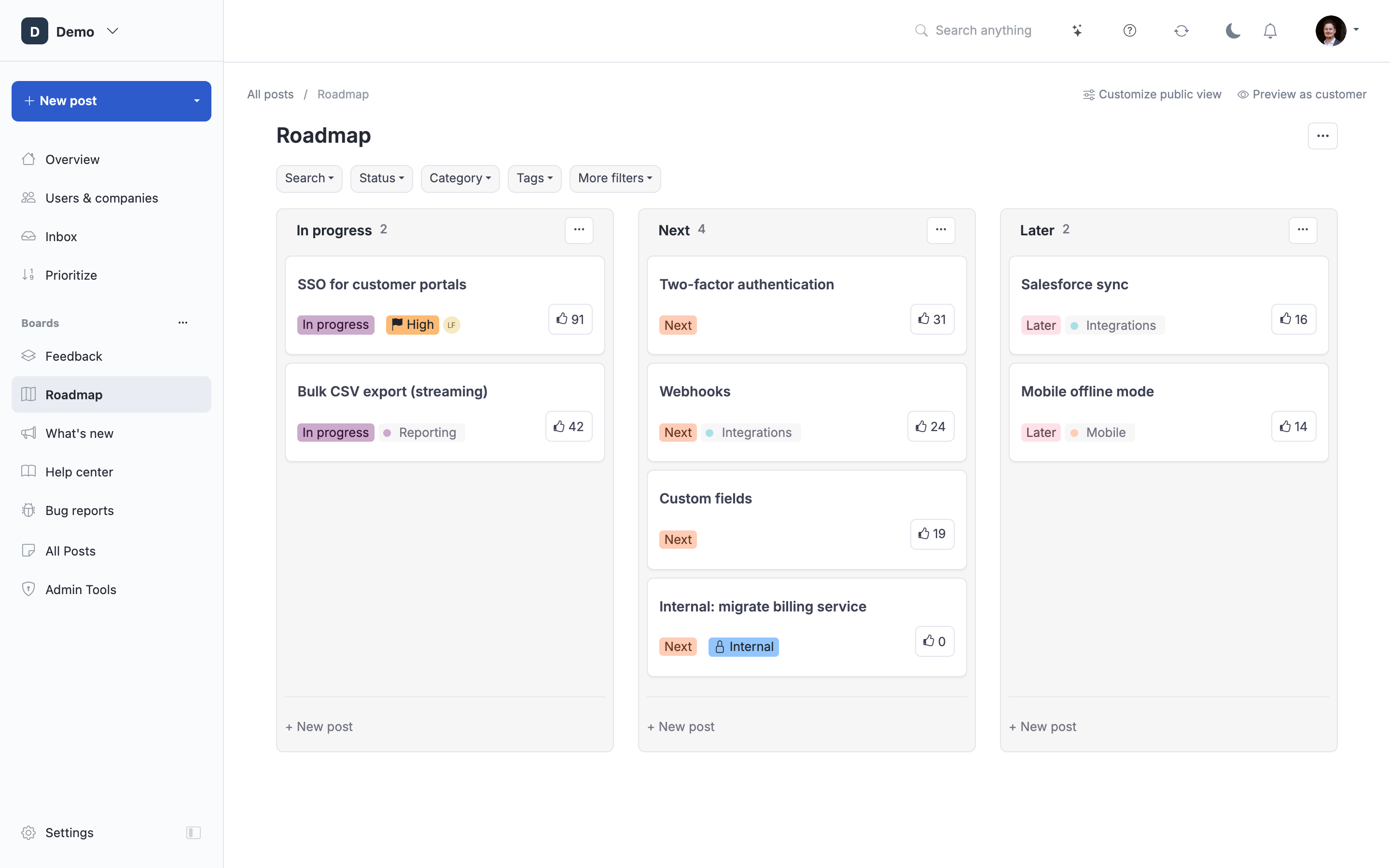 The roadmap board: what is planned, in progress and done.