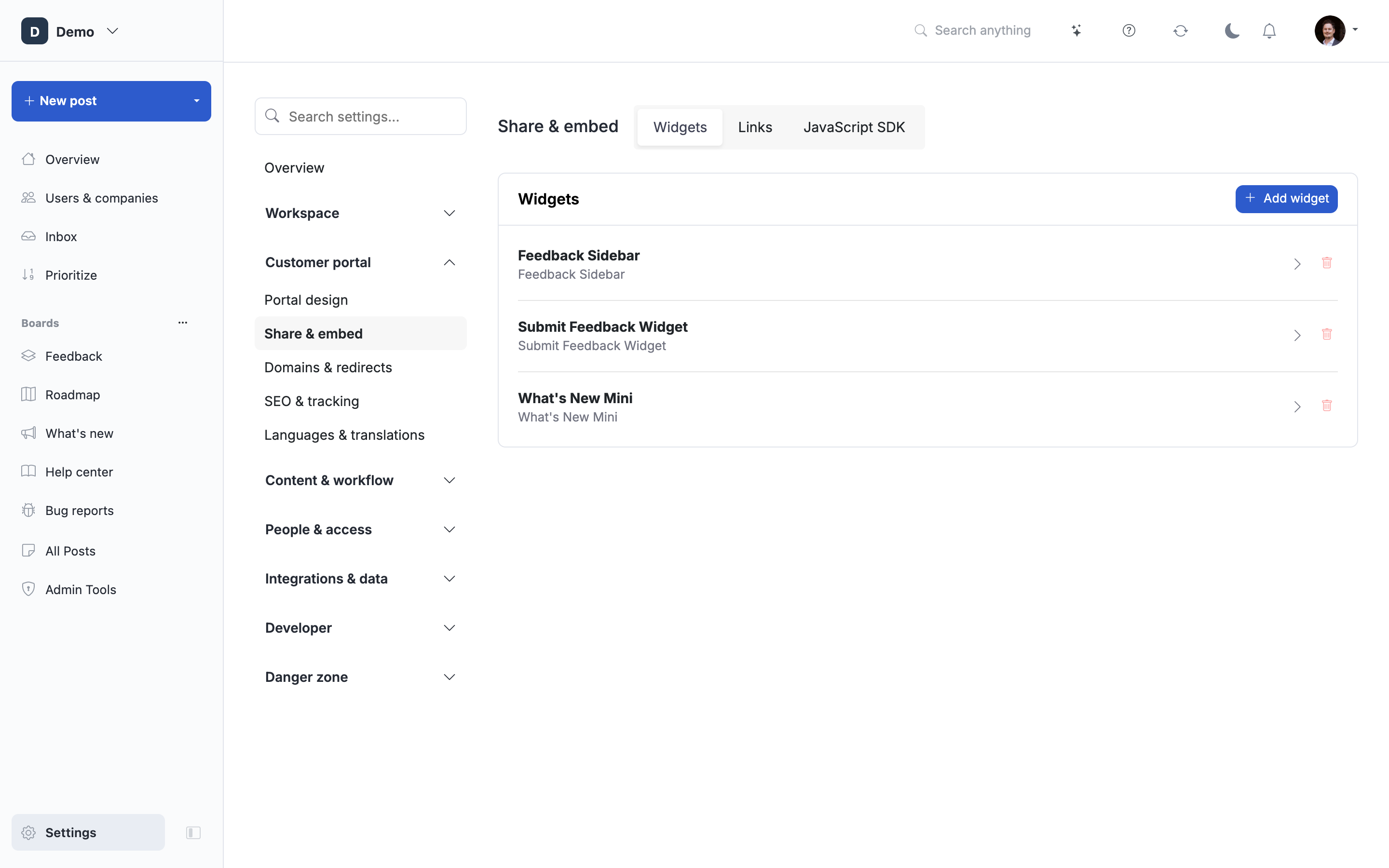 The embed widgets you can place in your own product