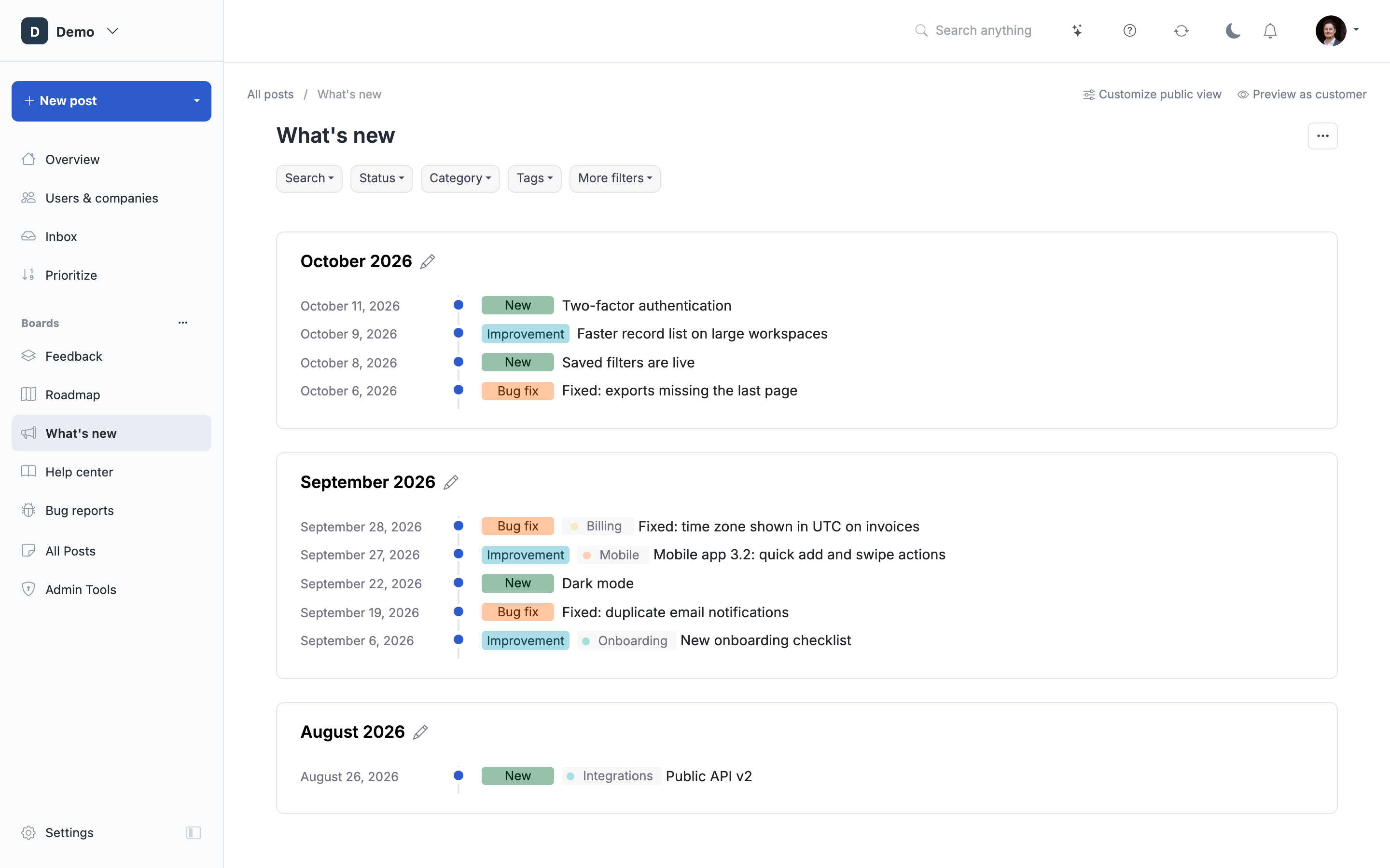 The changelog board, where shipped work becomes an announcement.