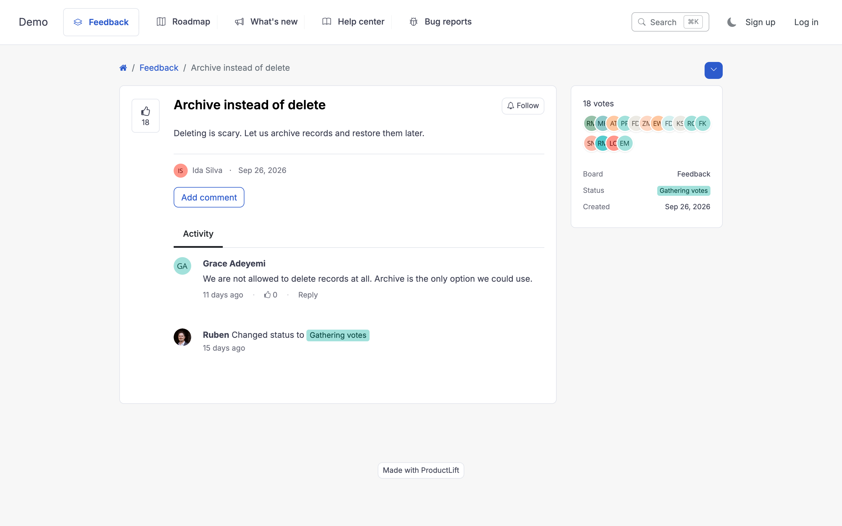 One idea as a customer sees it: the vote button and the discussion.