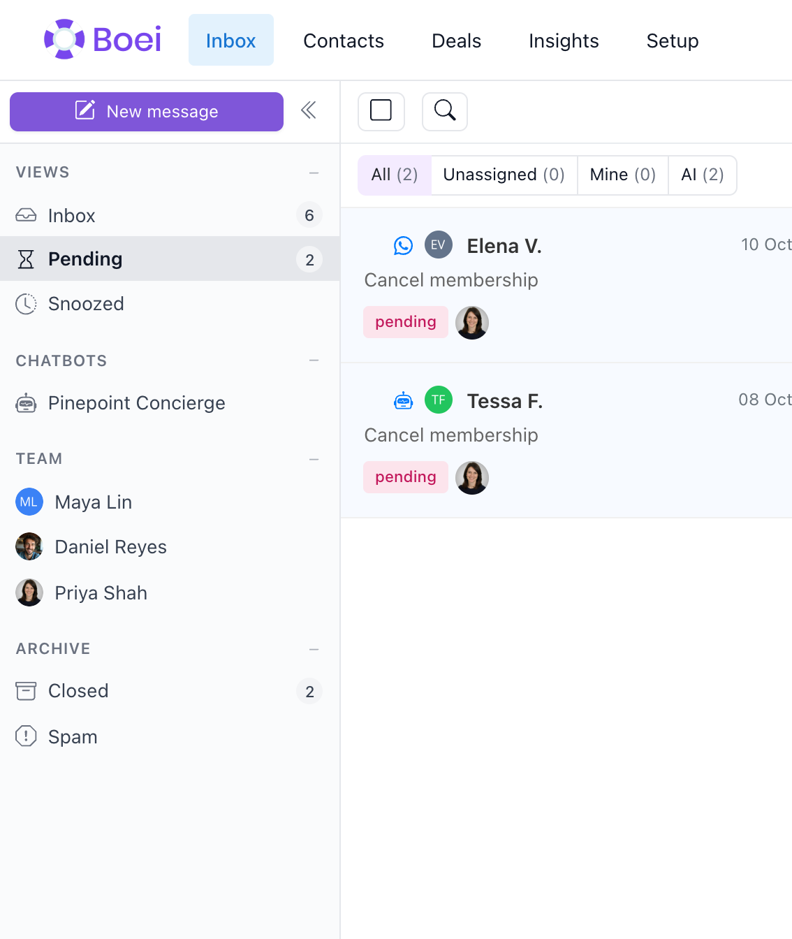 The Pending view: conversations waiting on the customer