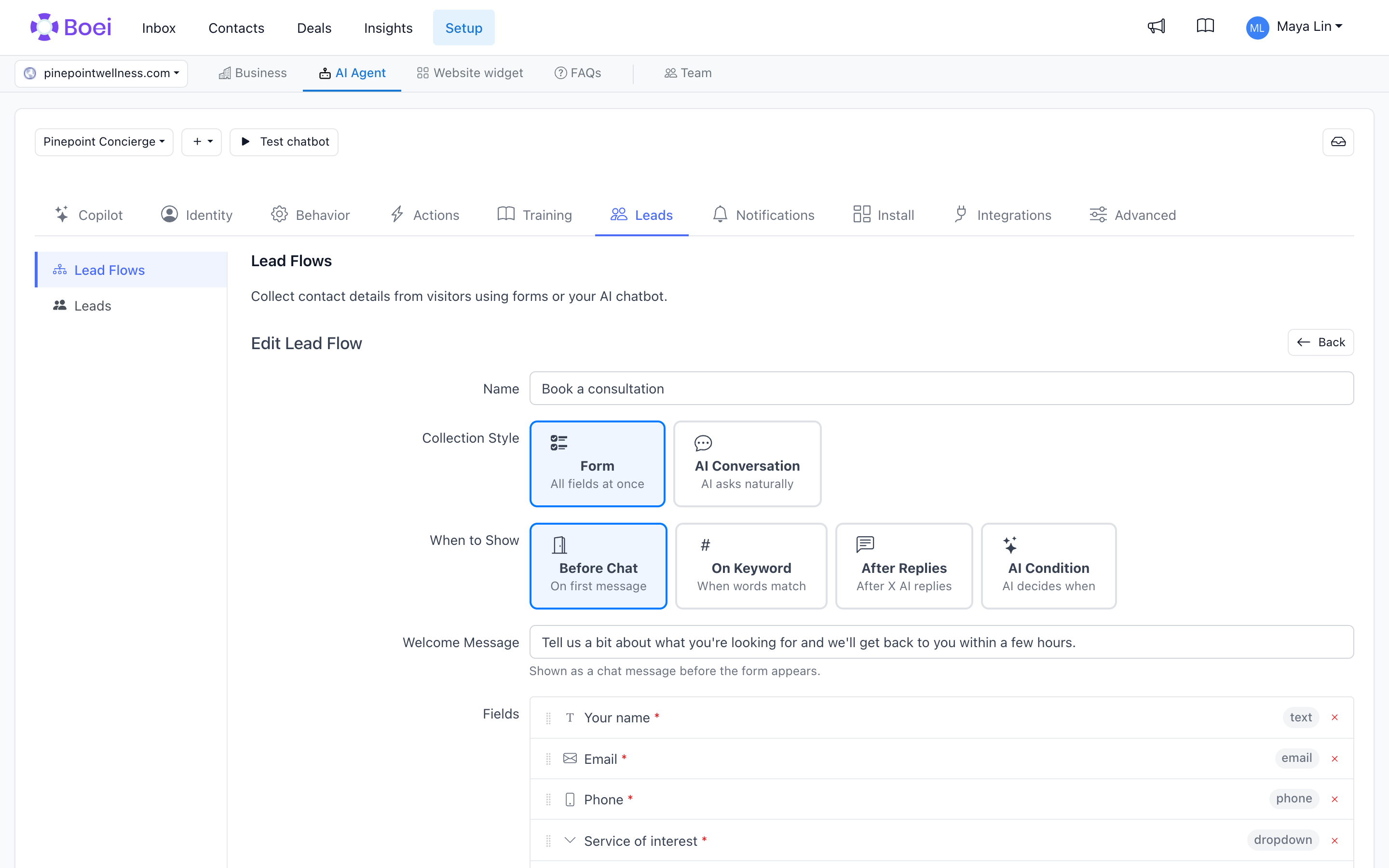 A lead flow: how it collects, when it shows, and which fields it asks for.
