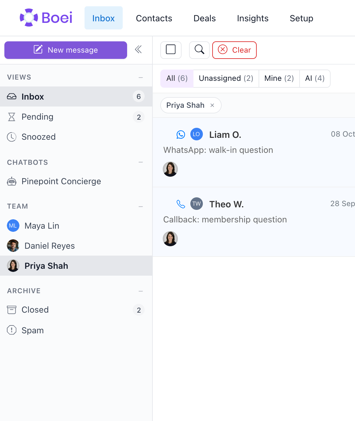 Filtering the inbox down to one team member