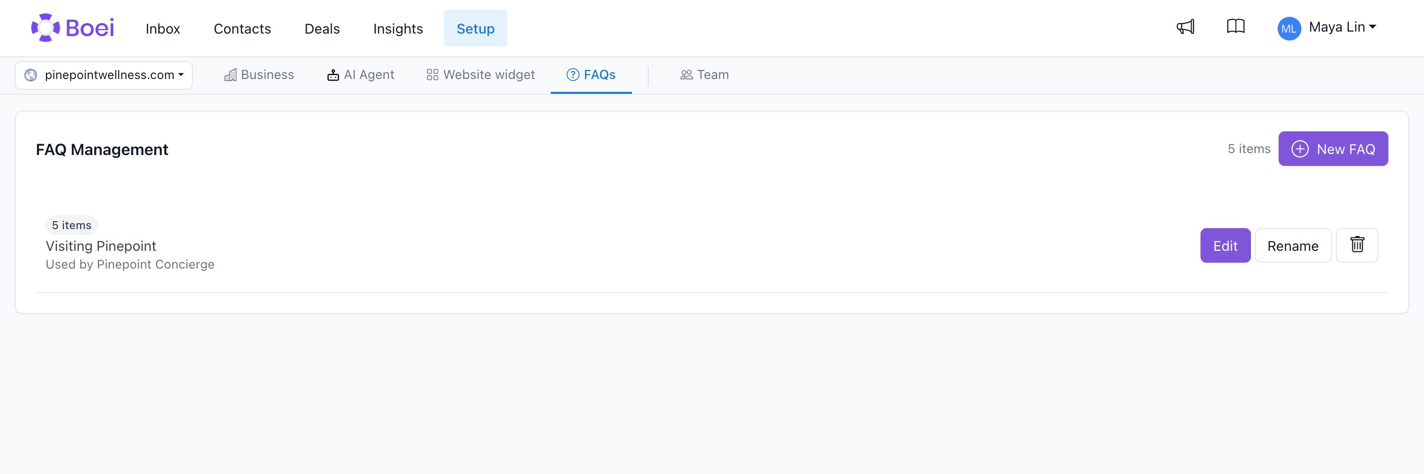 Your FAQ collections, and which chatbot uses each one.