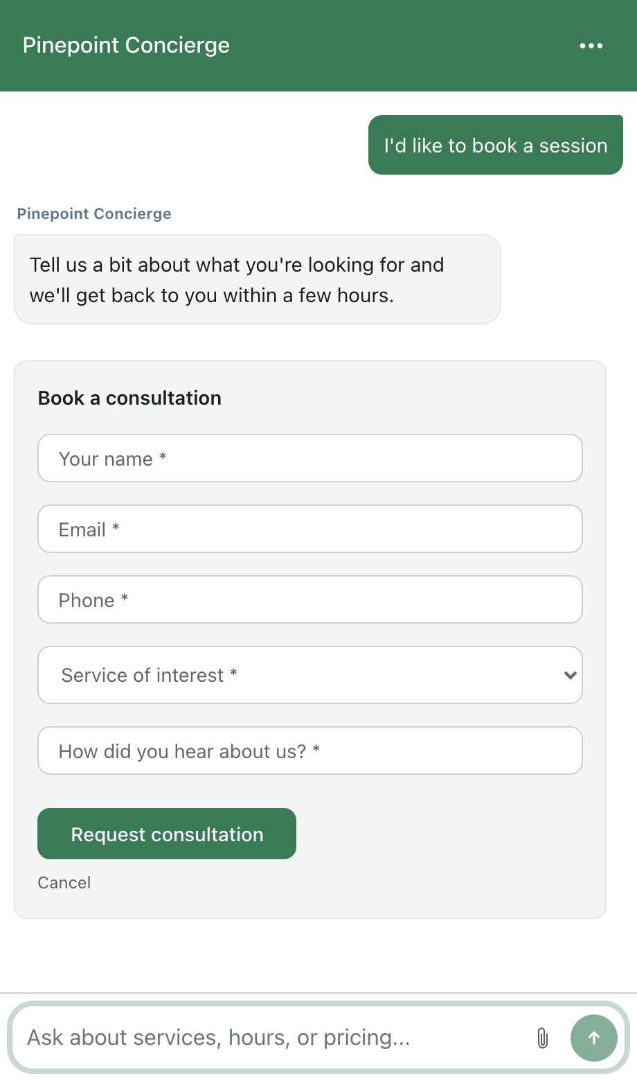 The same flow as a visitor meets it, inside the chat widget.
