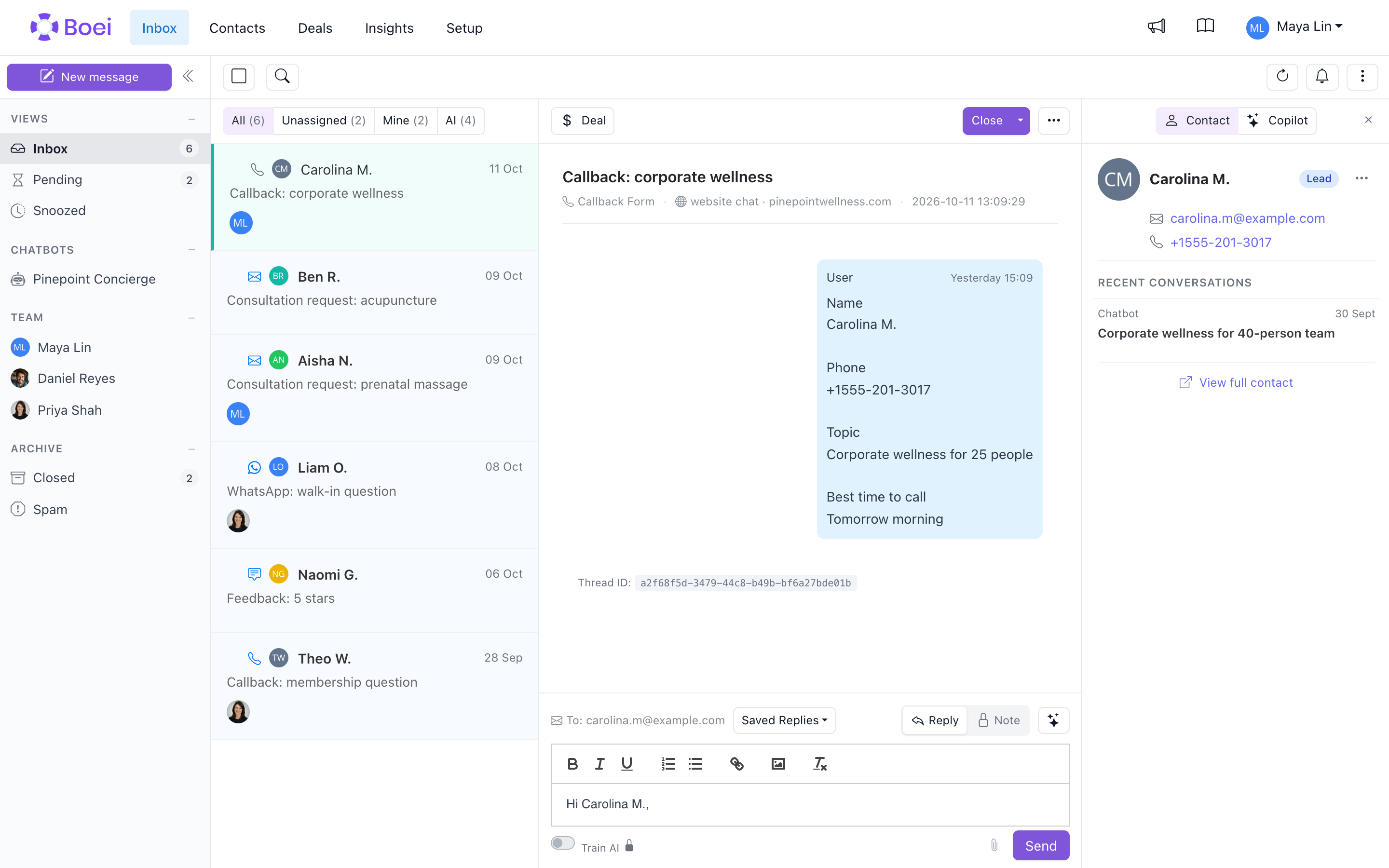The inbox: your conversations on the left, the selected conversation and the customer's details beside it
