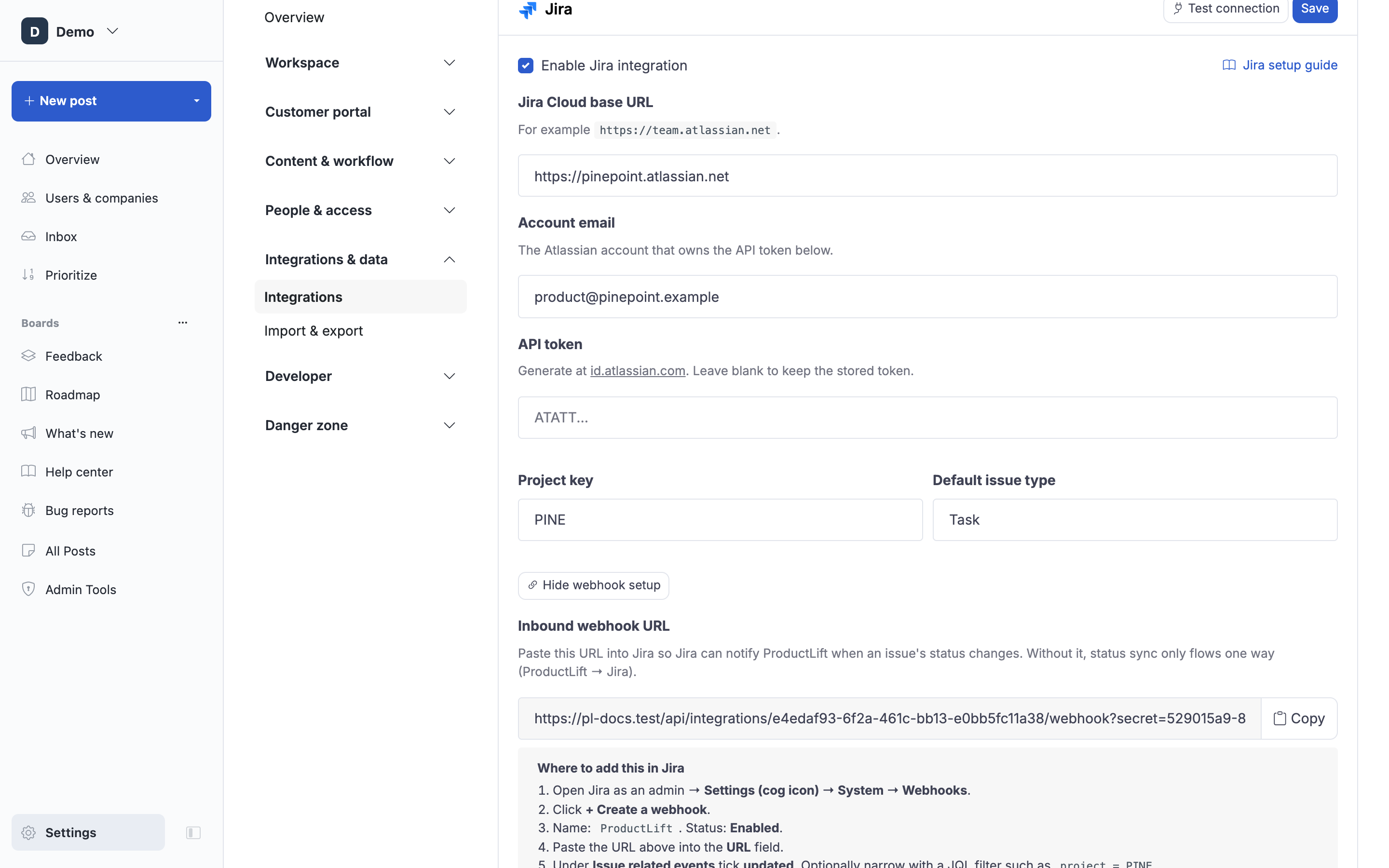 Connecting Jira: the site, the account, the project, and the two-way webhook.