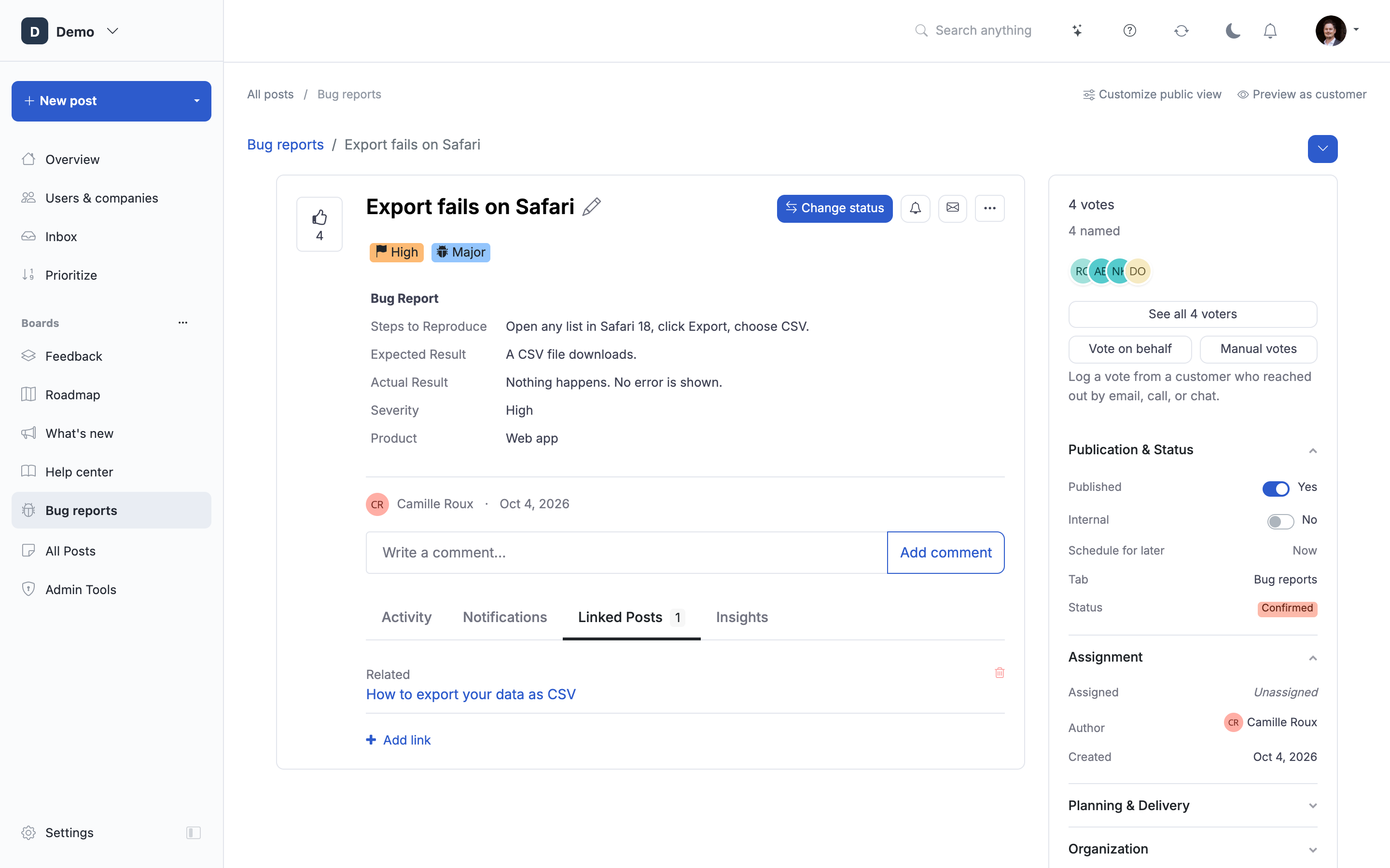 The Linked Posts panel: typed relationships between two posts.