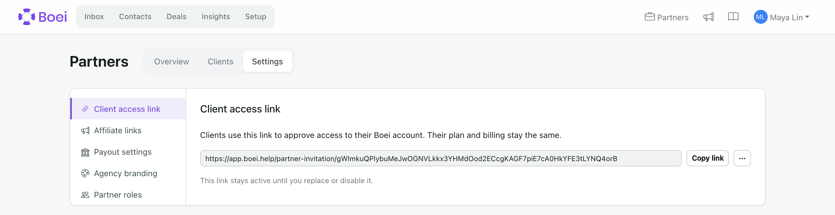 Settings: the client access link, with affiliate links, payout settings, agency branding and partner roles beside it.