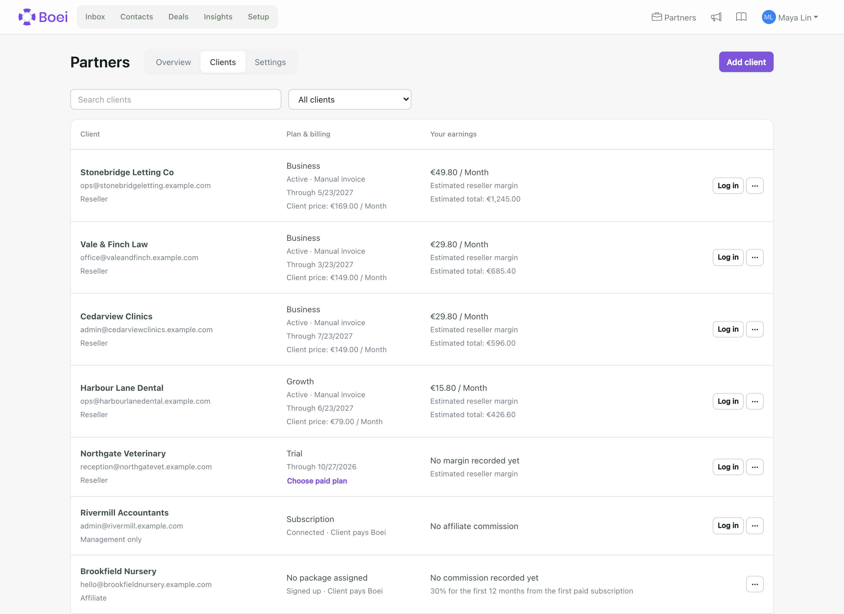 Clients: reseller clients, a trial, an account you only manage and a referral in one list.