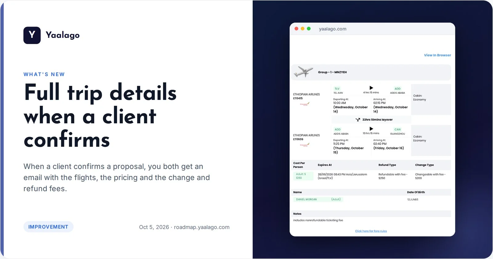 Full trip details when a client confirms