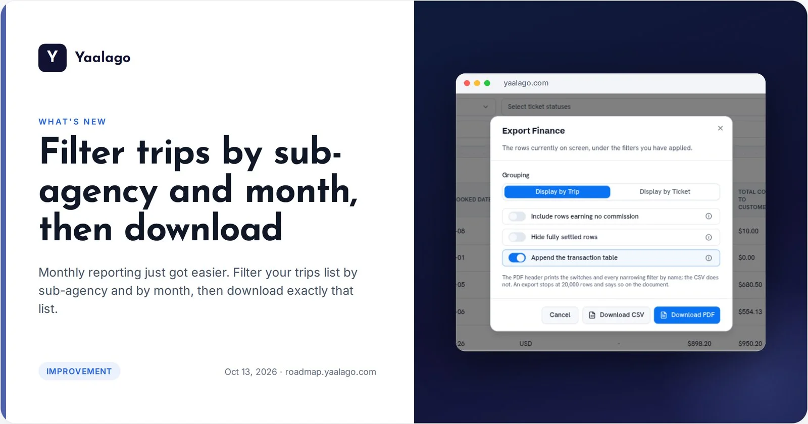 Filter trips by sub-agency and month, then download