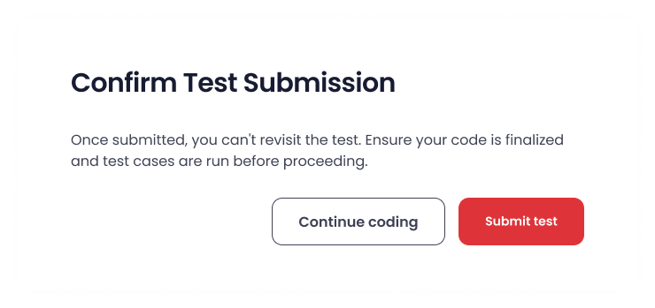 Confirmation pop-up for submitting coding tests - Testlify
