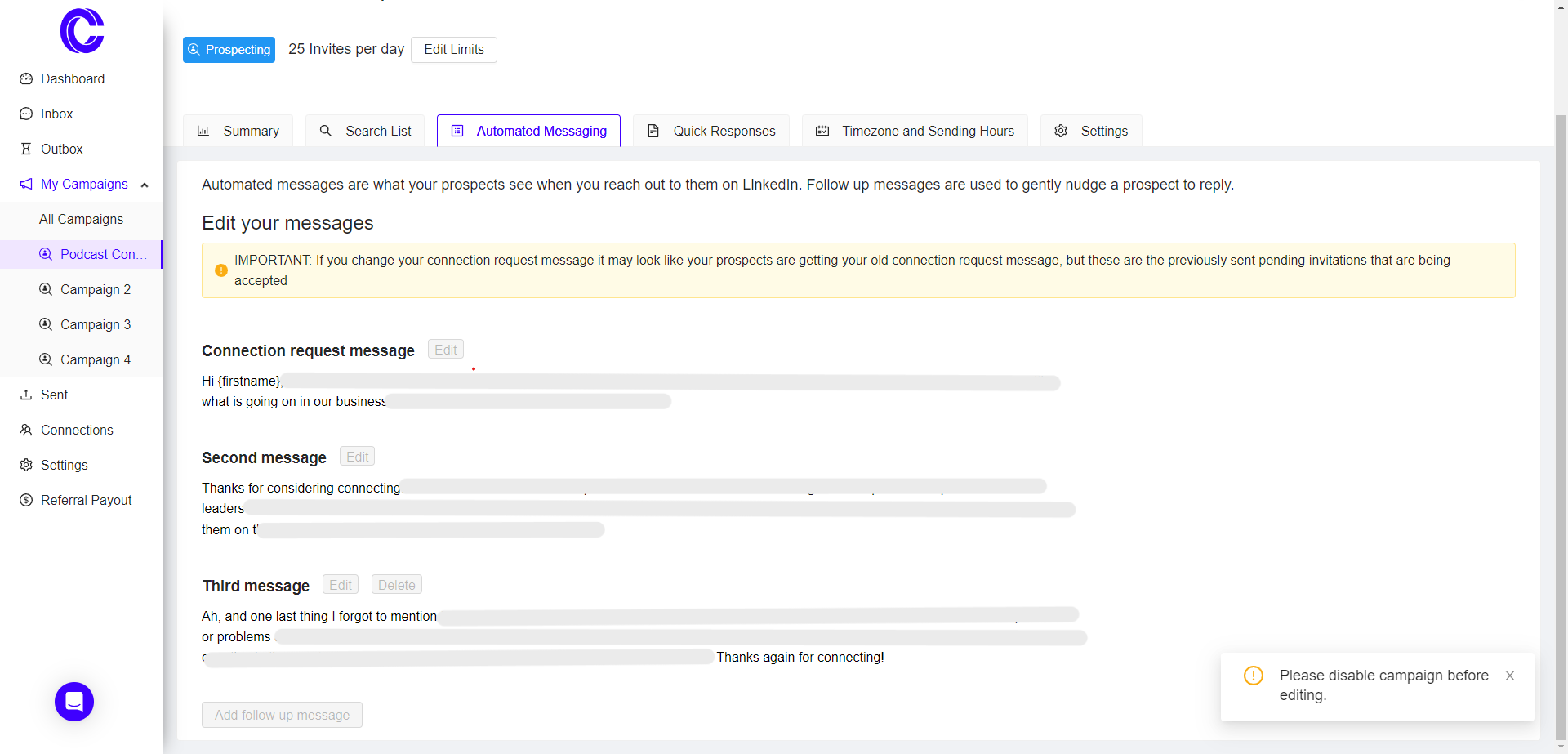 Send Multiple Messages As Part of Connect Request Campaign - HeyReach